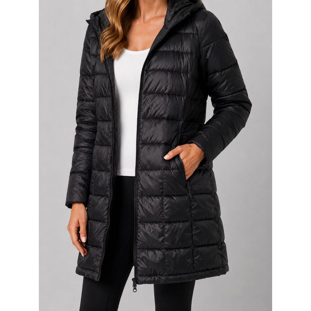 Amazon Essentials Women’s M Black Long Puffer Coat Hooded Lightweight Packable